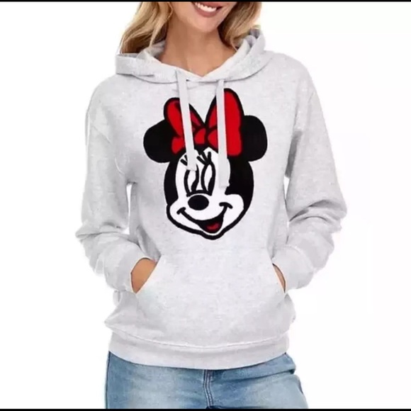 Disney Tops - NWT Disney Minnie Mouse Licensed Hoodie Crochet Patch Sweatshirt Heather Grey L